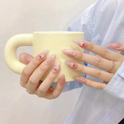 Handmade Press On Nails Pink White Gradient 3D Peach Water Droplets Sweet Almond Shape Reusable Artificial Fake Nails