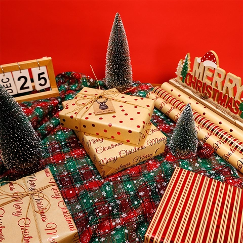 Christmas Kraft Wrapping Paper Roll Red Bronzing Dot Stripe Letter Pattern DIY Holiday Gift Packaging Decorative