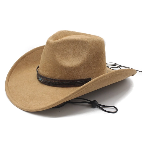 Vintage Western Cowboy Hat Suede Wide Brim With Turquoise Buckle And Adjustable Windproof Rope Retro Ethnic Style For Adults