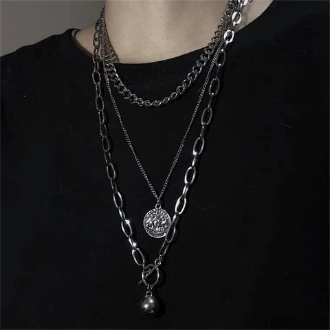 Layered Necklace Titanium Steel Alloy Coin Ball Pendant Hip Hop Retro Streetwear Punk Jewelry For Women Men
