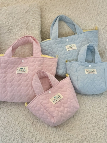 Gesteppte Tragetasche Mit Herzmuster Stoffhandtasche Mit Kontrastfutter Lässige Tragbare Pendler-Lunchtasche Für Frauen Mädchen