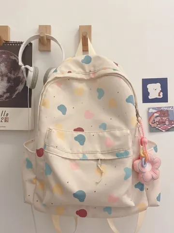 Kawaii Cartoon Print Rucksack Oxford Tuch Mode Lässige Schultasche Für Mädchen Mit Blumen Plüsch Anhänger