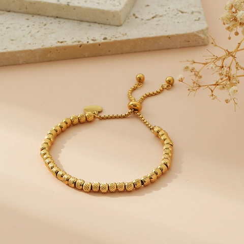 Bracciale Con Perline Regolabile In Acciaio Inossidabile Dorato Con Ciondolo A Cuore Per Uomo E Donna E Perle Di Metallo Testurizzate