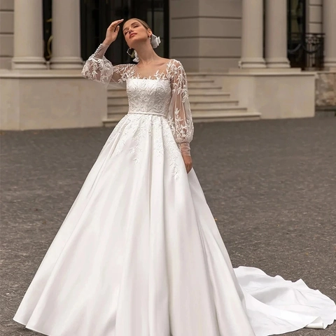 Bridal Wedding Dress White Satin Long Sleeve Lace Mesh V Neck Backless Big Train Elegant Luxury Formal Gown