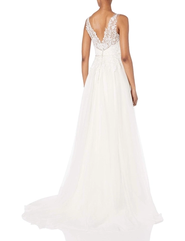Polyester Lace Tulle Wedding Dress Sleeveless Deep V Neck Backless A Line Long Train Floral Embroidery Bridal Gown
