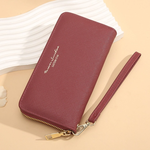 Women Long Wallet PU Leather Cross Pattern Zipper Clutch With Wrist Strap Multi Card Slots Elegant Solid Color Fashion Purse