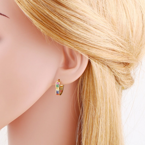 Heart Hoop Earrings Copper 18K Gold Plated Baguette Cubic Zirconia Rainbow Clear Heart Shaped Fashion Jewelry For Women