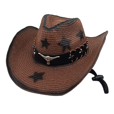 Western Cowboy Hat Straw Woven Bull Head Wide Brim Sun Protection Adjustable Rope Vintage Style Men Women