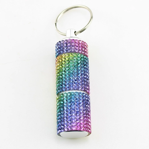Mini Pillendose Schlüsselanhänger Strass Metall Tragbar Nachfüllbar Aufbewahrungsbox Zylinder Wasserdicht Behälter Für Outdoor Reisen