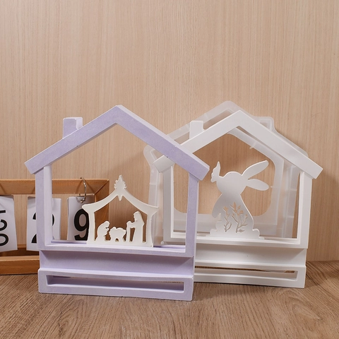 House Shaped Silicone Mold For Resin Casting DIY Gypsum Cement Ornament With Slot Base Miniature Desktop Decoration