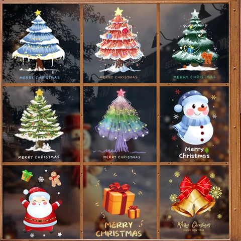 Christmas Window Stickers Static Cling Santa Claus Snowman Tree Decals Double Sided Glass Door Decoration Removable Ornament