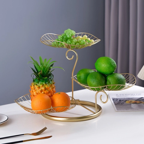 Tiered Iron Fruit Basket Metal Leaf Hollow Serving Stand For Home Living Room Tabletop Decor Modern Nordic Style