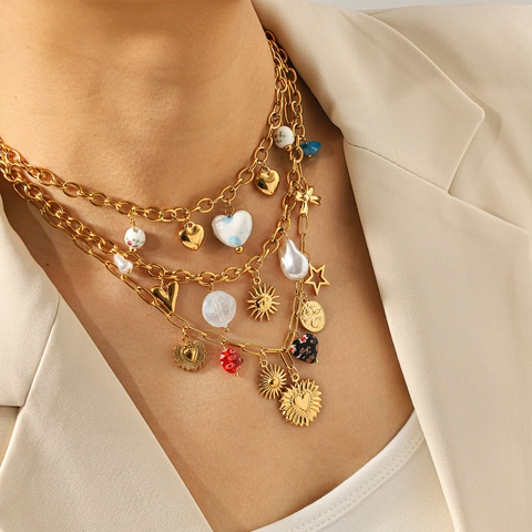Collier Pendentif Cœur en Céramique en Acier Inoxydable Superposable Vintage Éléments Océaniques Bijoux Pour Femmes Perle Artificielle