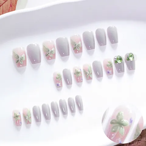 Unghie Finte Corte Ballerina Pressione Farfalla 3D Fiore Occhio Di Gato Lucido Con Strass Manicure Elegante Per Donne