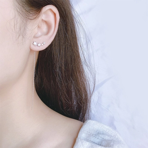 Copper Zircon Star Tassel Ear Threader Earrings Elegant Long Dangle For Women With 925 Sterling Silver Earring Post