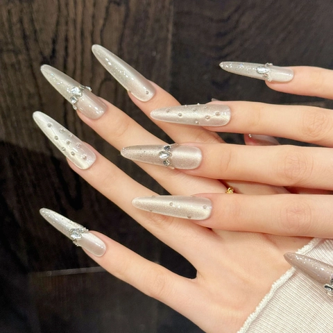 Uñas Postizas Hechas a Mano Efecto Ojo de Gato Champán Nude Marrón Brillante Incrustado Strass Perla Artificial Uñas