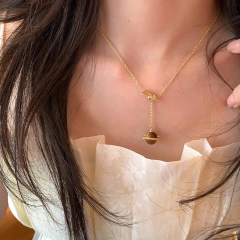 Planeet Hanger Ketting Met Tijgeroog Steen Koper Zirkoon Ster Bedel Saturnus Stijl Minimalistische Sieraden Voor Dames