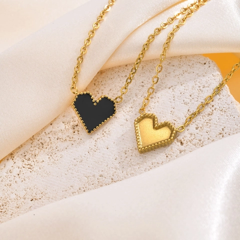 Collier Pendentif Coeur Acier Inoxydable Plaqué Or Bordure Perlée Émail Bijoux Élégants Pour Femmes