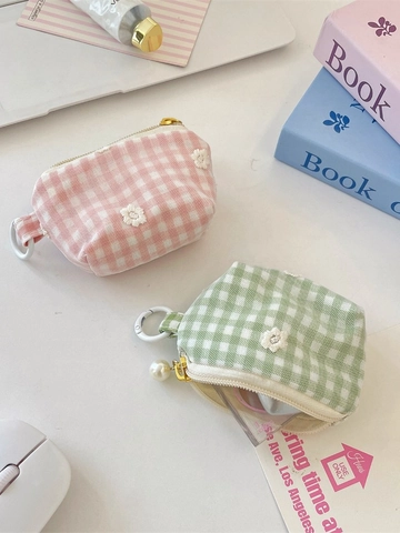 Mini Porte-monnaie À Carreaux Polyester Broderie Florale Fermeture Éclair Künstliche Perle Sac De Rangement Pour Rouge À Lèvres Portable