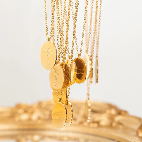 Collana Fiore Di Nascita Acciaio Inossidabile Placcato Oro 18K Ciondolo Ovale Floreale Gioielli Eleganti Donna