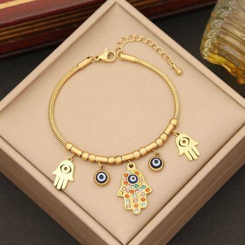 Hamsa Hand Boze Oog Ketting En Oorbellen En Armband Roestvrij Staal Verguld Kleurrijke Strass Slangenketting Vrouwen