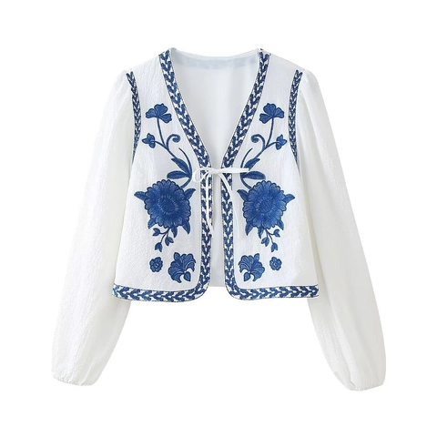 Vintage Boho Damen Weiße Kurze Jacke Cardigan Blaue Blumenstickerei V-Ausschnitt Schnürung Lange Laternenärmel Polyester
