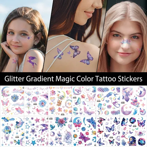 Glitter Gradient Temporäre Tattoo Aufkleber Wasserdicht Schimmer Schmetterling Planet Stern Traumhafte Körper Gesicht Kunst