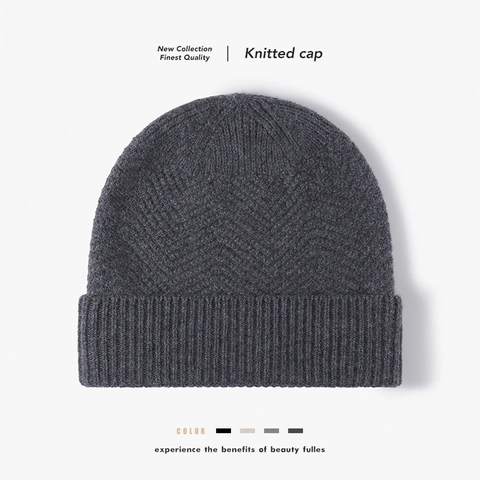 Knitted Beanie Hat Wool Winter Warm Solid Color Herringbone Pattern Ribbed Fold-Over Cuff Unisex