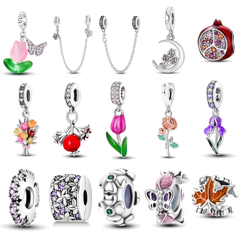 Nature Series Flower Butterfly Charm Beads Silver Plated Enamel Zirconia DIY Jewelry Making For Bracelets Necklaces Charm