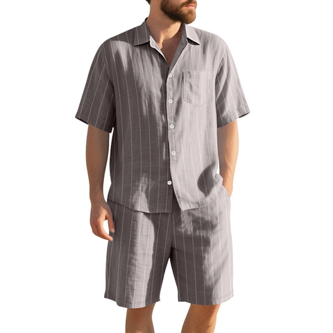 Chemise Et Short En Lin À Rayures Pour Hommes Été Plage Décontracté Ample Manches Courtes Boutonné Poche Rayures Verticales