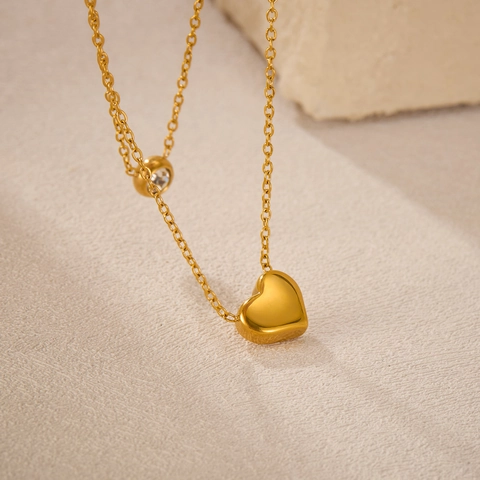 Collar con Colgante de Corazón de Acero Inoxidable de Doble Capa para Mujer Moda Chapado en Oro Circonia Dije Redondo