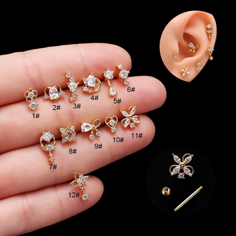 Cartilage Stud Earrings Stainless Steel Threaded Screw Back Zirconia Heart Moon Star Piercing Jewelry For Women
