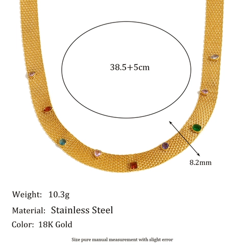 Collar De Banda De Malla De Circonita Colorida Acero Inoxidable Chapado En Oro De 18K Joyas De Piedras Preciosas Del Arco Iris Para Mujeres Elegante