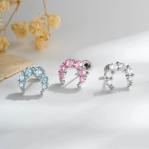 Moon Cartilage Ear Stud Titanium Steel Copper Zircon Inlaid Screw Back Flat Disc Piercing Jewelry For Women Niche Style