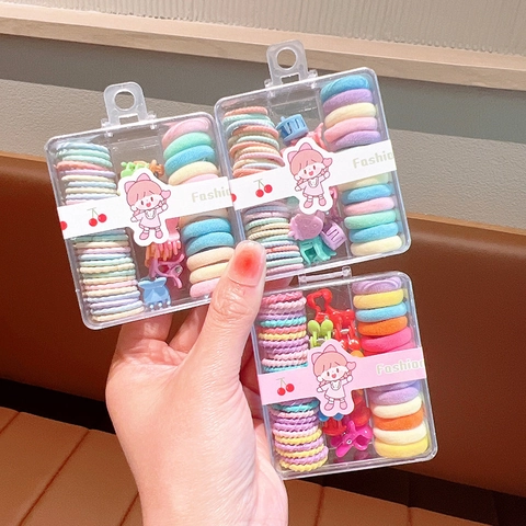 Kids Girls Hair Ties And Mini Hair Claws High Elasticity Macaron Colors Fabric Plastic Clear Storage Case Hair Accessories