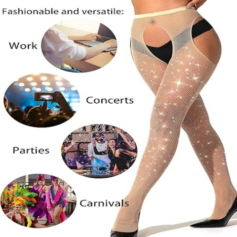 Sparkly Rhinestone Fishnet Tights Crotchless High Waist Hollow Out Sexy Nylon Hosiery Stockings Nightclub Party Clubwear