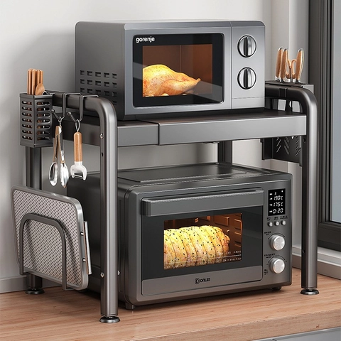 Carbon Steel Kitchen Microwave Oven Rack Extendable Multi Layer Countertop Storage Organizer Stand With Hooks