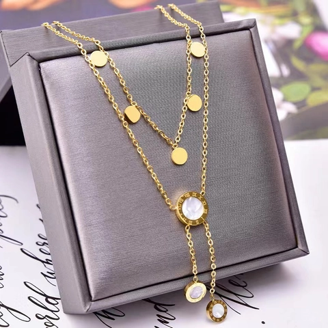 Vintage Double Layer Stainless Steel Necklace For Women Gold Roman Numeral Disk Shell Moon Clover Pendant Tassel Jewelry