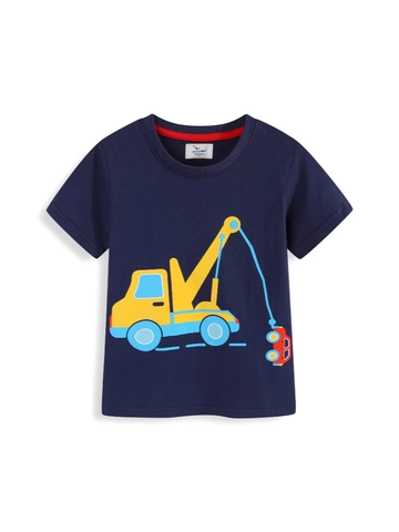 Boys Short Sleeve Cotton T-Shirt Navy Blue Round Neck Yellow Construction Crane Printing Kids Summer Casual Top
