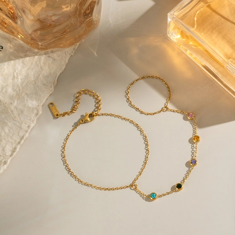 Boho Colorful Zircon Slave Bracelet Stainless Steel 18K Gold Plated Finger Ring Hand Chain Minimalist Jewelry For Women
