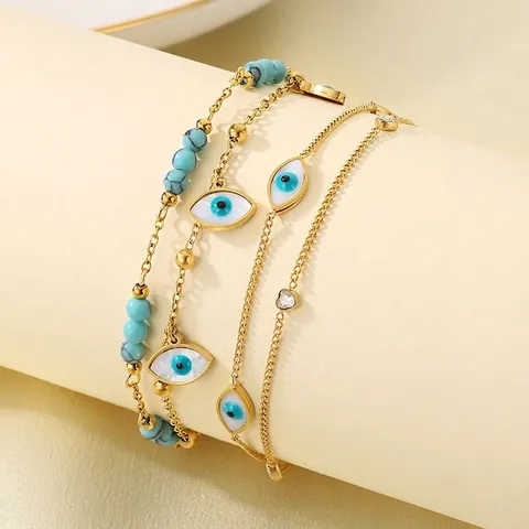 Double Layer Evil Eye Anklet Stainless Steel Turquoise Beaded Heart Charm Summer Beach Adjustable Jewelry For Women