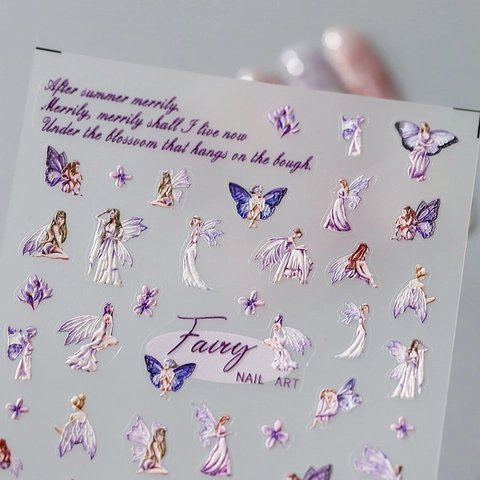 Nail Art Stickers 5D Embossed Purple Fairy Butterfly Floral Dreamy 3D Relief Manicure Decoration For Women