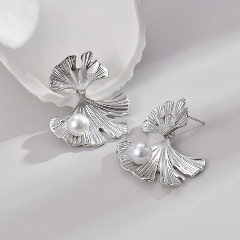 Pendientes De Botón Hoja De Ginkgo Acero Inoxidable Con Perla Artificial Blanca Vintage Francés Elegante Joyería Mujer