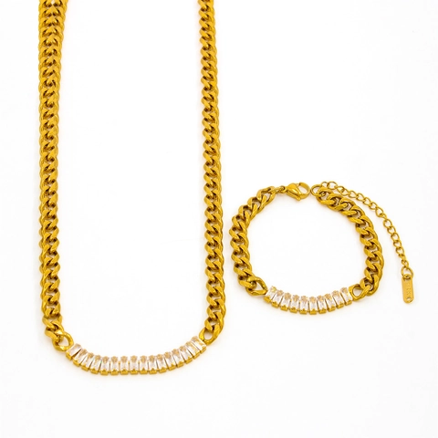 Conjunto Joyas Collar Pulsera Acero Inoxidable Chapado Oro Baguette Circonita Cadena Cubana Elegante Niche Mujeres