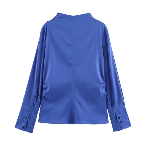 Women Long Sleeve Blouse Solid Blue Pleated Round Neck Satin Finish Shoulder Decorative Buttons Pullover Top Fashion