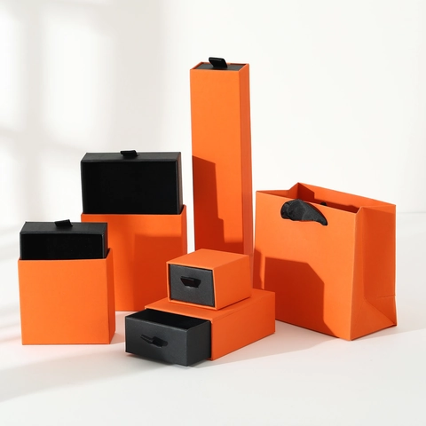 Sieradendoos Set Koraal Oranje Papier Lade Verpakking Voor Ketting Oorbel Armband Ring Display Cadeau Opslag