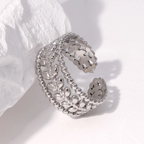 Anello Aperto Foglia Placcato Oro 18K Acciaio Inossidabile Regolabile Spiga Di Grano Texture Perlata Gioielli Donna