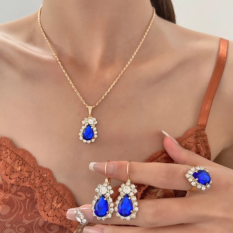 Lega Strass Collana Orecchini Anello E Bracciale Goccia Cuore Gemma Elegante Sposa Matrimonio Gioielli Accessori