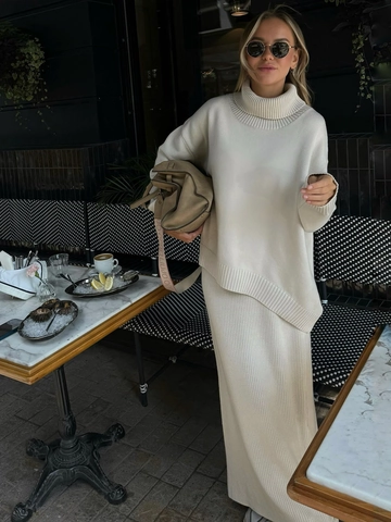 Style Français Femmes Pull En Tricot De Coton Et Jupe Droite Col Roulé Manches Longues Ample Automne Hiver Élégant