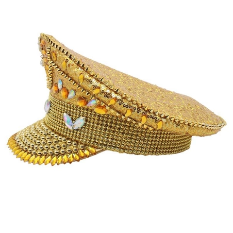 Handcrafted Gold Sequin Captain Hat Rhinestone Sparkling Stage Hat Heart Pearl Military Hat For Women Wedding Party Performance